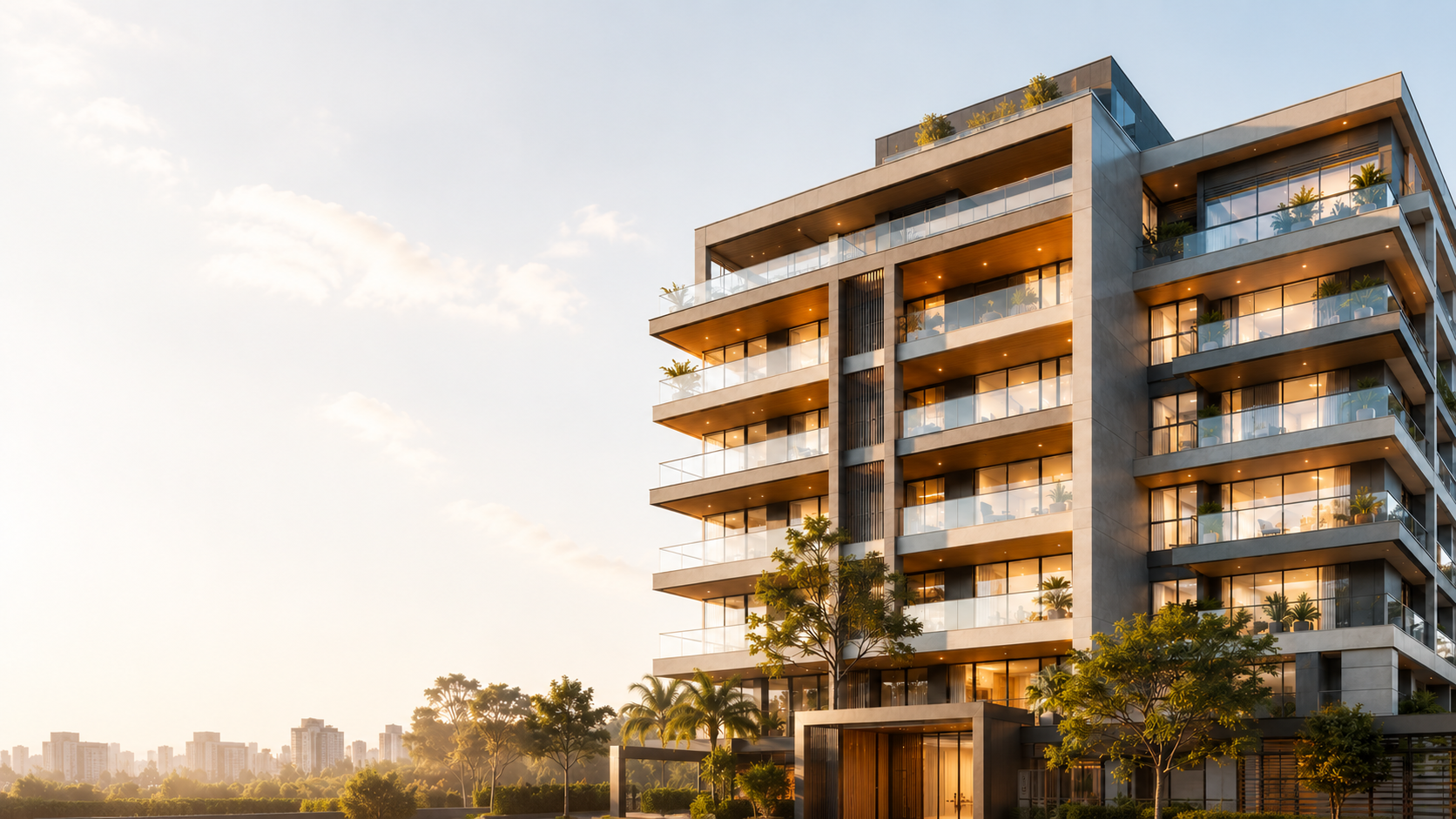 Edifício residencial de alto padrão ao entardecer